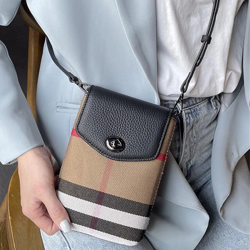 

Plaid Canvas flip Messenger Strap crossbody Genuine Leather Bag