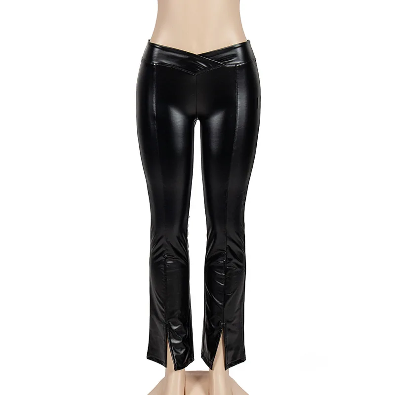 Pu Leather Split Micro Flare Pants Women 2023 Autumn Solid Color High Waist Slight Strech Slim Trousers Party Club Streetwear