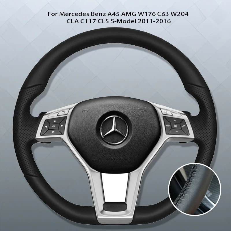 Housse de volant de voiture en cuir Microfibre noir personnalisé, pour Mercedes Benz A45 AMG W176 C63 W204 CLA C117 CLS s-modèle 2011 – 2016