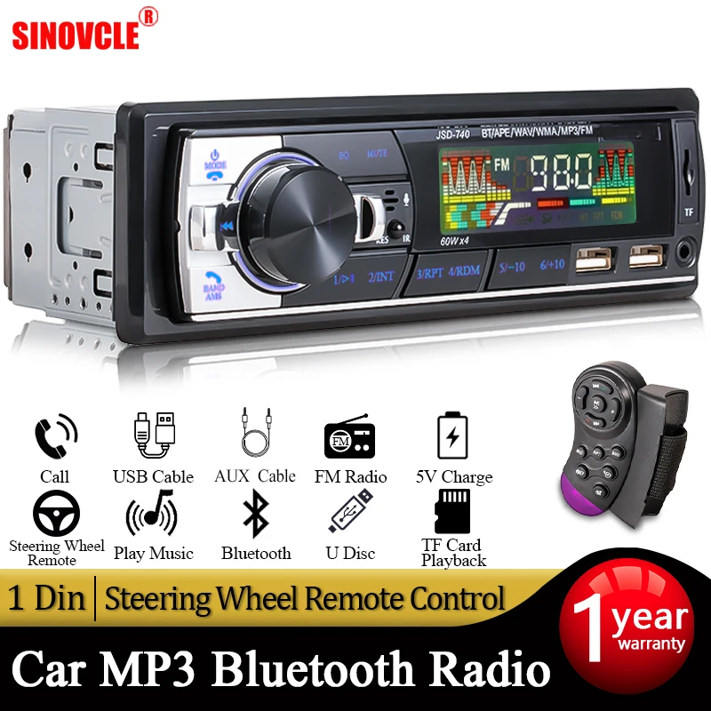 Car Radio 1din Audio Bluetooth Stereo MP3 Player FM Receiver 60Wx4 Remote Control AUX/USB/TF Card In Dash Kit