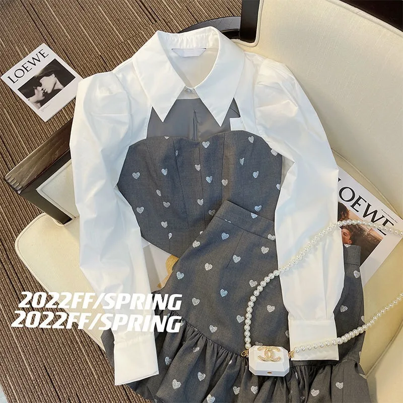 

Korean Polo Collar Shirt Puffy Skirt Two-piece Set Women Spicy Girls High-end Patchwork Printing Sweet Fashion Autumn Slim Suit