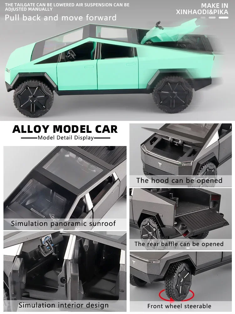 1:24 Tesla Cyberpunk Pickup Truck Model Alloy Simulation Sound And Light Pull Back Off-Road Vehicle Boys Collection Decoration 6
