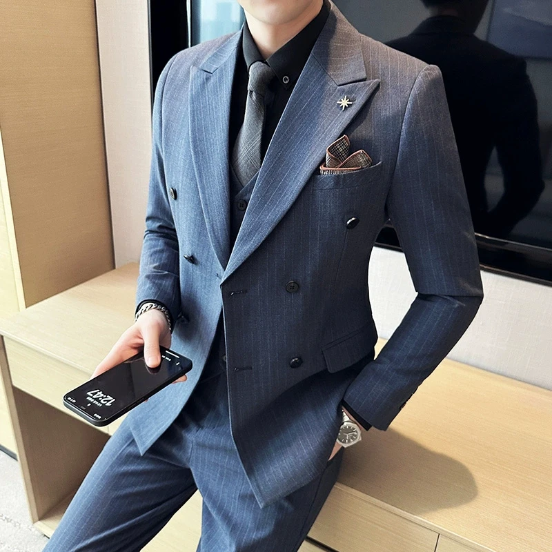 

2023 High Quality Fabric (suit + Vest + Trousers) Wedding Suit Double Breasted Hip Lapel Stylish and Handsome Suit 3/2 Piece Set