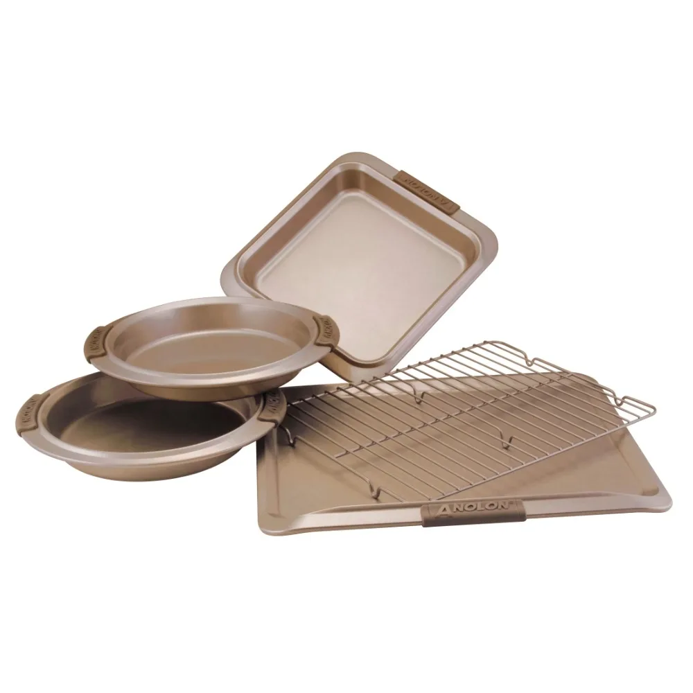 

Advanced Bronze Anti Slip Baking Set with Silicone Handles 5 Piece Set of Sturdy Non Stick Baking Tray Edges with Handle
