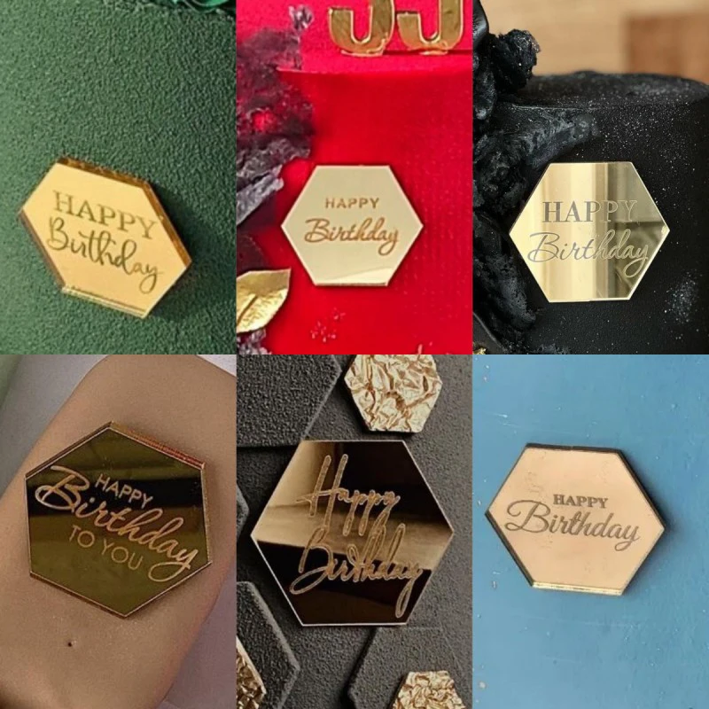 Happy Birthday Party Cake Decoration Acrylic Hexagonal Cake Side Decor Gold Toppers Gift Decor Cupcake Dessert Accessories