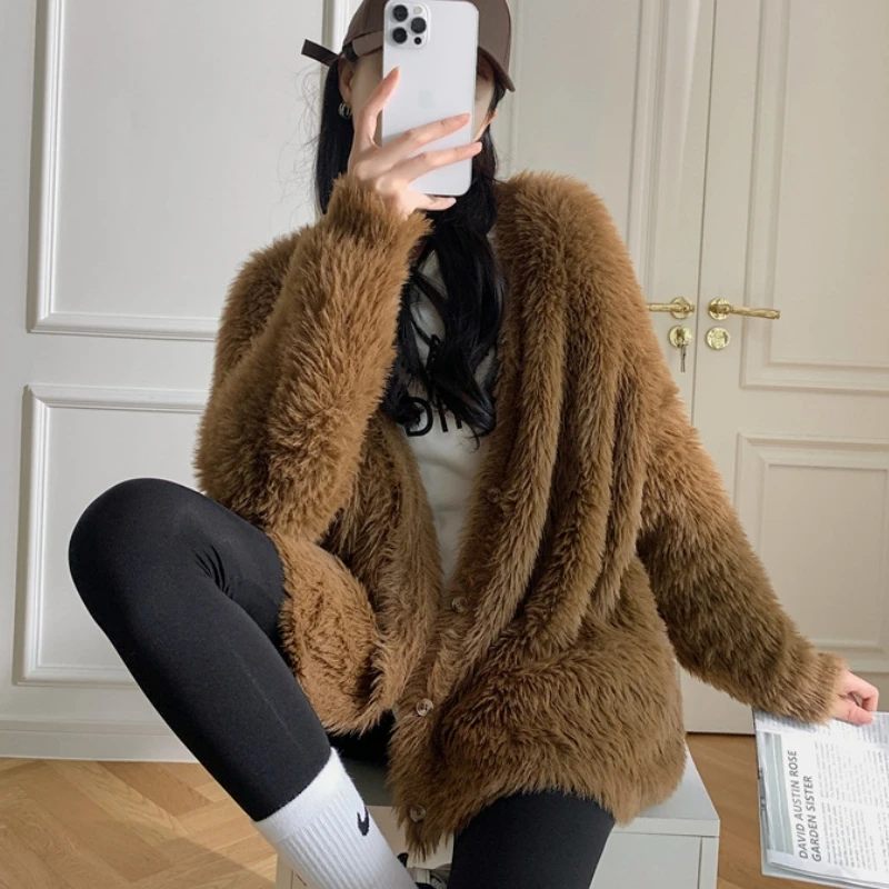 여성용 두꺼운 오버사이즈 푹신한 스웨터, 합성 밍크 캐시미어 코트, 래글런 슬리브, V넥 니트 스웨터, 가디건, 가을 겨울