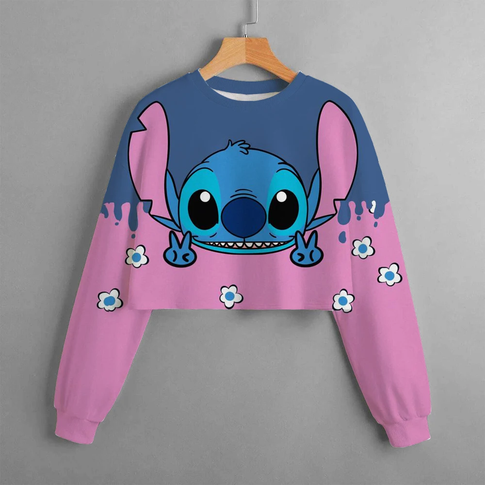 2024 New Girls' Sweatshirt Disney Lilo&Stitch Pattern 3D Printed Cartoon Print Casual Wear Short Pullover Long Sleeve Top