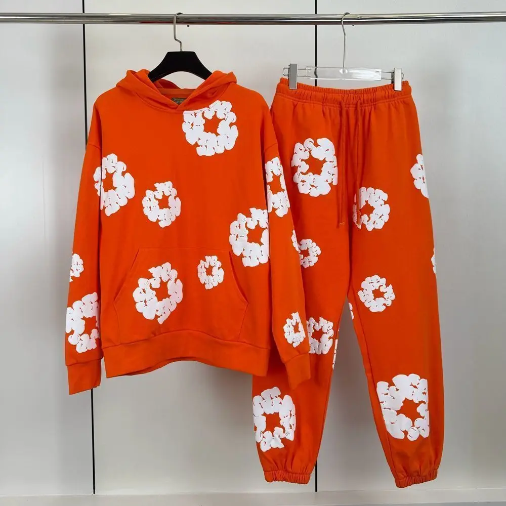 Fashion Top Quality New Men's Women's Same Foam Kapok Printing Pure Cotton Hooded Sweater Trousers Set 3