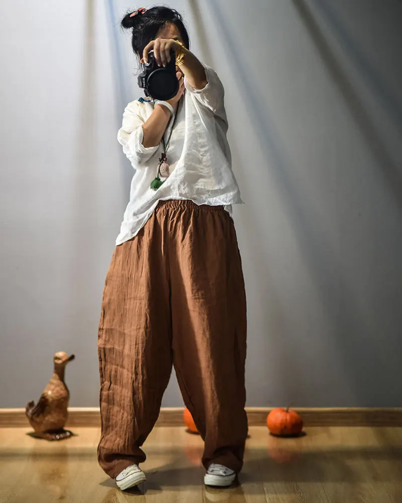 Full Length Retro Elastic Waist Cotton Linen Wide Leg Pants 2022 Spring New Loose Vintage All-match Women Pants RV713 cargo capris