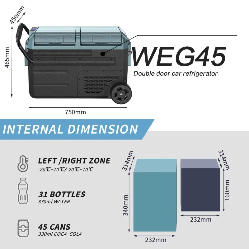 WEG45 38L 48L 58L Compressor Refrigeration 12V 24V Car Fridge Car Refrigerator with Pull Rod and Wheels