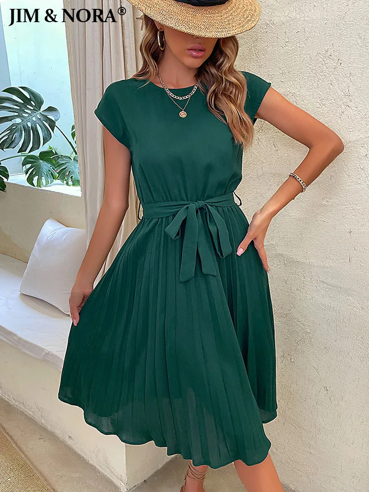 

JIM & NORA Elegant Women Summer Casual Beach Sundress Short Sleeve Pleated Midi Dress Soild Colour O Neck Tunic Dresses Fashion