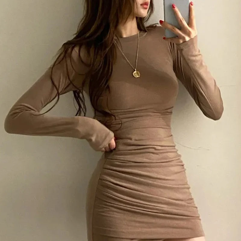 Sexy Dress Women Party Clothes Solid Color Round Neck Long Sleeve Ruched Bodycon Mini Dress Cocktail Dresses Streetwear