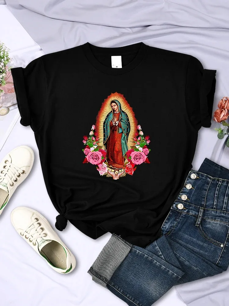 

Our Lady Of Guadalupe Womens 100% Cotton Tee Clothing Street Tops Hip Hop Girl T Shirt Fashion Big Size Casual Woman T-Shirts