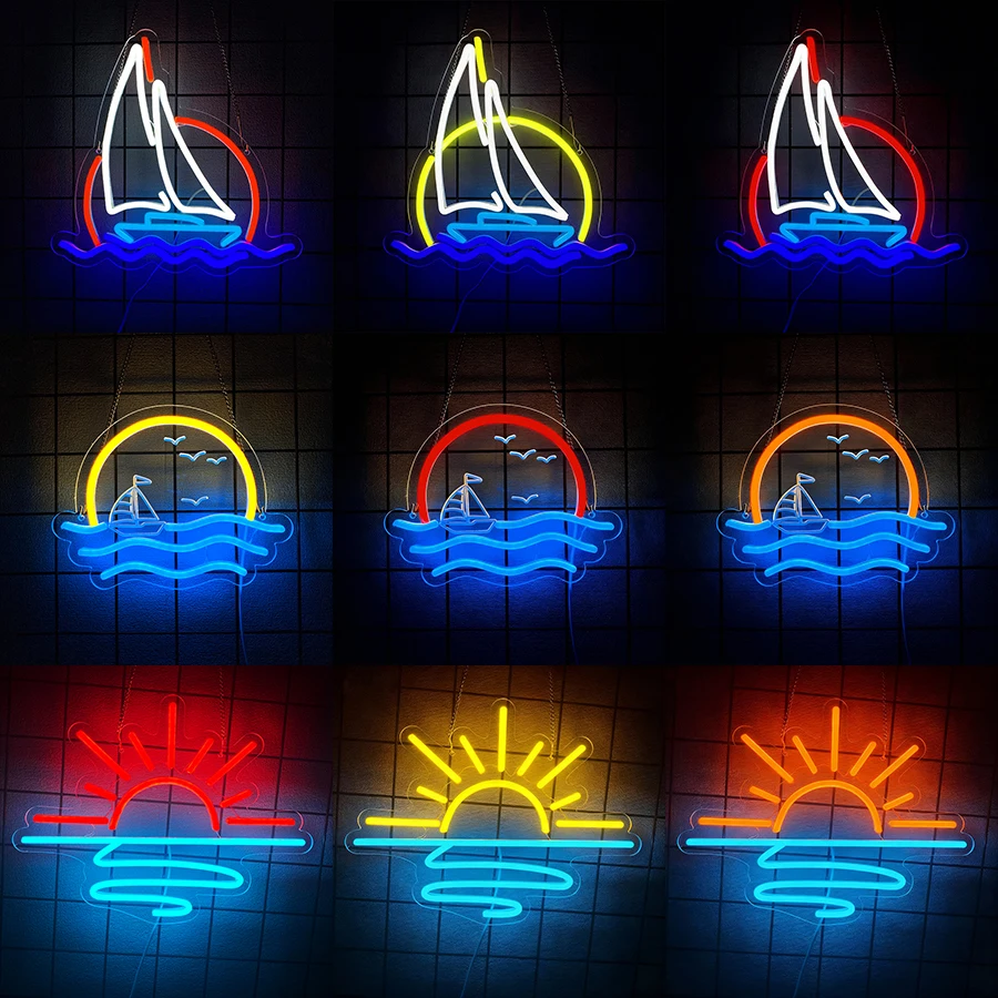Insegna al neon con tramonto e alba per decorazione da parete, insegna luminosa a LED a forma di barca a vela per camera da letto a tema spiaggia, soggiorno, bar, feste, casa, insegna USB