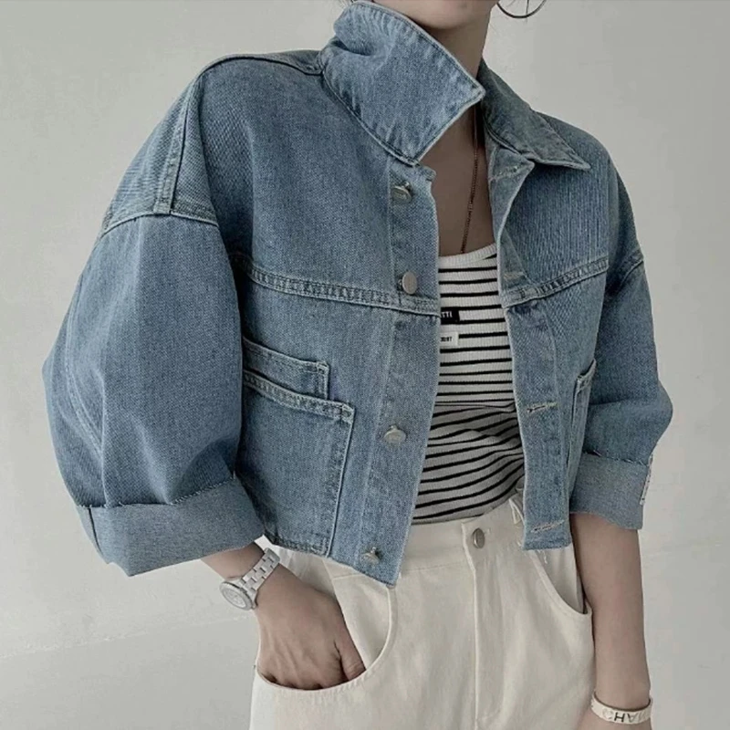 

Women Korean Long Sleeve Pocket Denim Jacket Single Breasted Streetwear Short Jackets Coat 2023 Autumn New Fashion Coat Top
