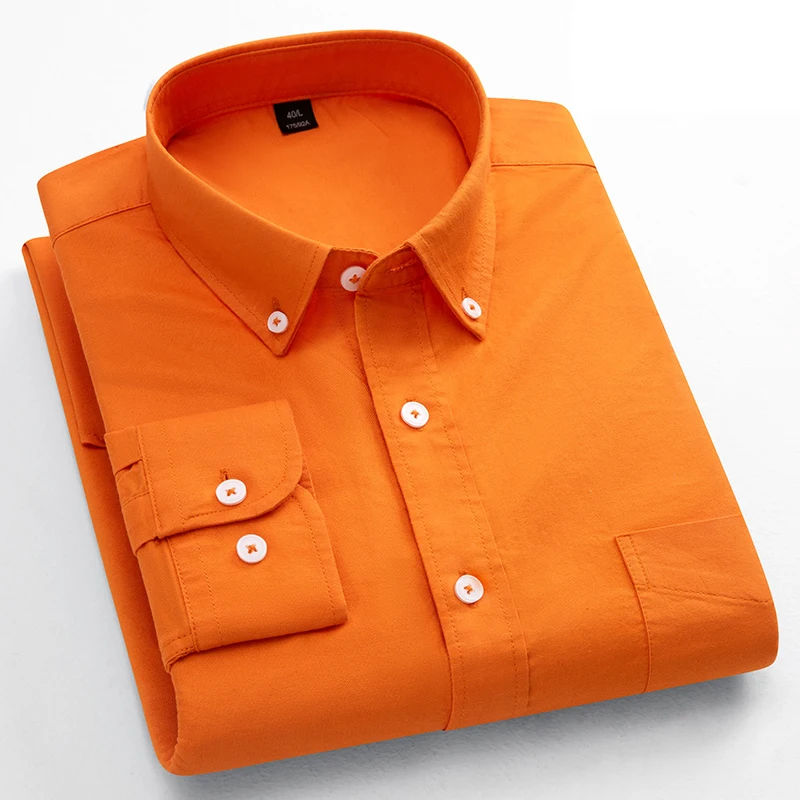Classic Fit Fashion 100% Cotton Long-Sleeve Shirt for Men Single Pocket Slim Fit Casual Top Soft Oxford Solid Color Office Cloth