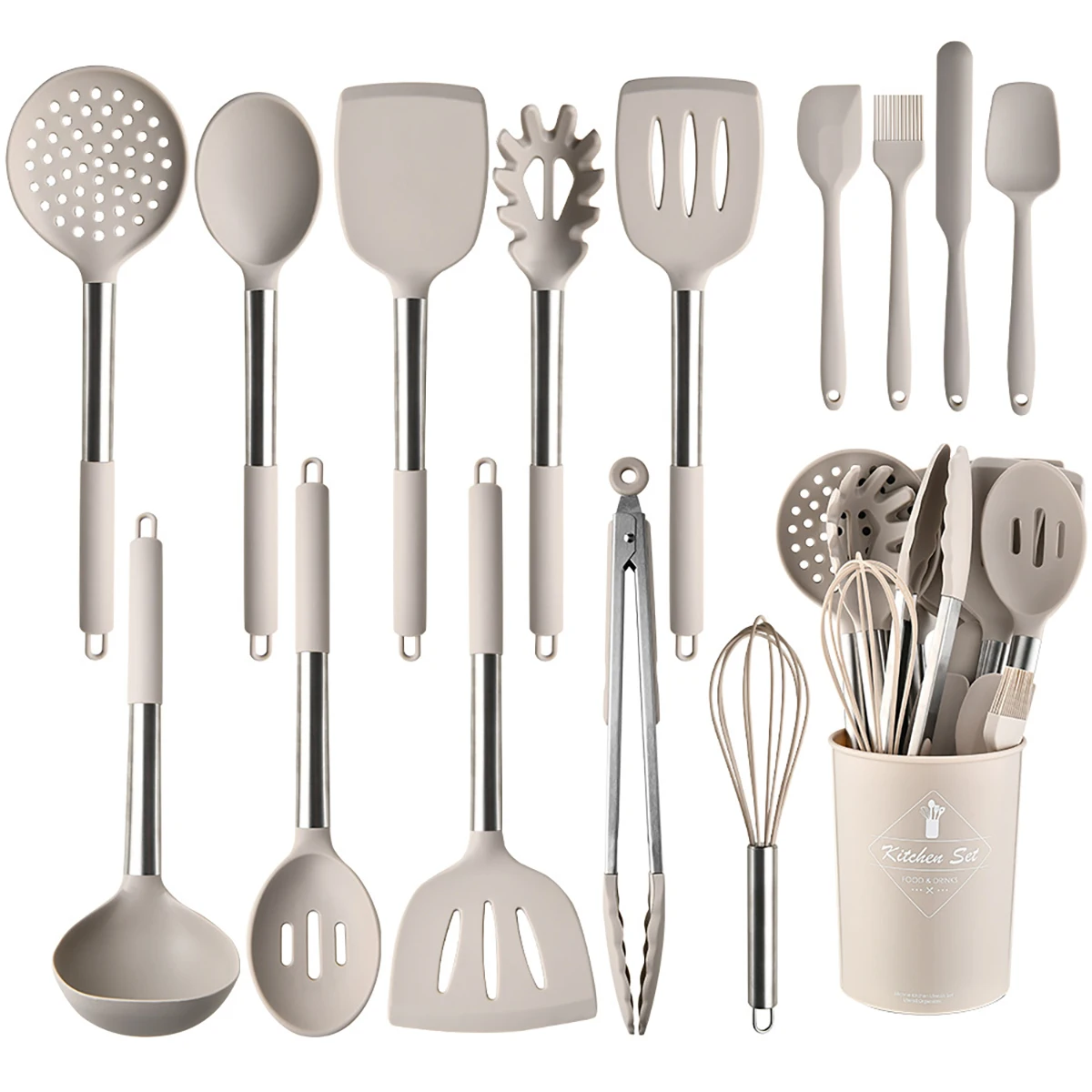 15-Piece Silicone Kitchen Utensil Set with Stainless Steel Handles and Storage Bucket