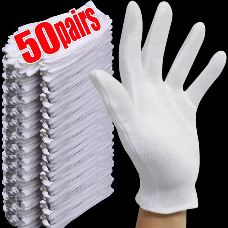 1/50 paires de gants de travail en coton blanc pour mains sèches, Film de manipulation, gants de SPA, gants de cérémonie à haute élasticité, outil de nettoyage ménager