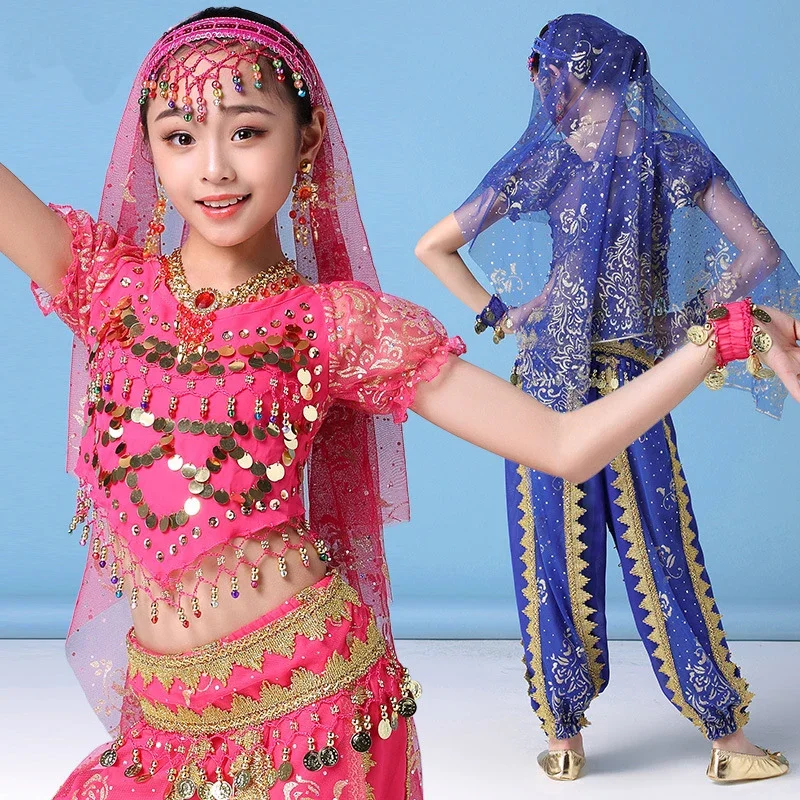 

New Oriental Dance Clothes Kids Belly Dance Costumes Set Girls Bollywood Indian Belly Dancing Clothing Multi-Color 4Pcs/Set