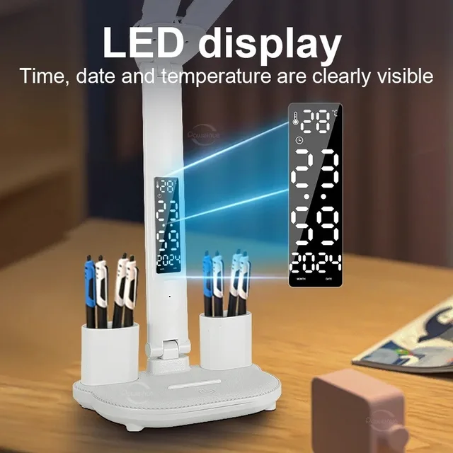 LED horloge lampe de Table USB rechargeable tactile lampes de bureau 2 têtes 180 rotation pliable Protection des yeux bureau lecture veilleuses 4
