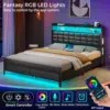 Bed Frame Queen Size with Storage Headboard and 2 Drawers, Upholstered Platform Bed with Charging Station and LED Light, Black 3