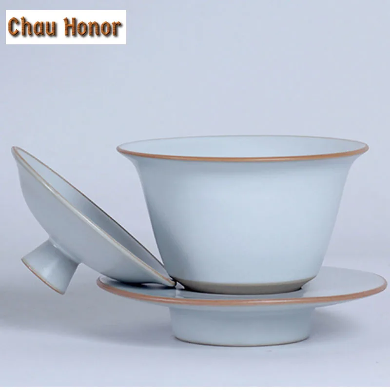 150ml Ru Kiln Tin Inlaid Maple Leaf Handmade Cover Bowl Cicada Wing Open Piece Moon White Tea Tureen Raise Tea Brewing Teaset