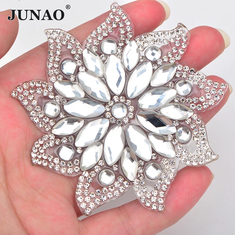 

JUNAO 75mm 1Pcs Hotfix Clear Glass Flower Rhinestone Applique Iron on Patches Clothes Patches for Dress Shirt Sewing Fabric