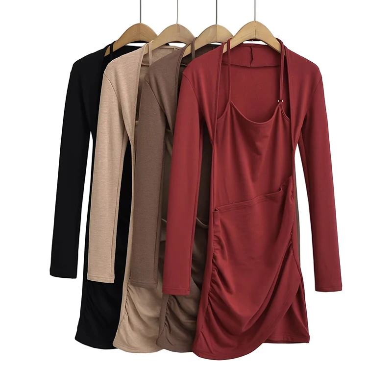 

Fake Two-piece Sexy Slim Halter Long-sleeved Dress Women Winter New Korean Fashion Pleated Irregular Party Dress