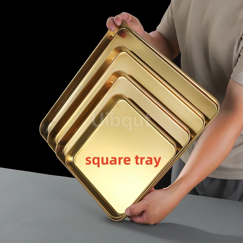 Gold Square Stainless Steel Food Service Tray plate Nonstick Bakeware Fruit Cookie Bread Plate Kitchen Storage Container Utensil