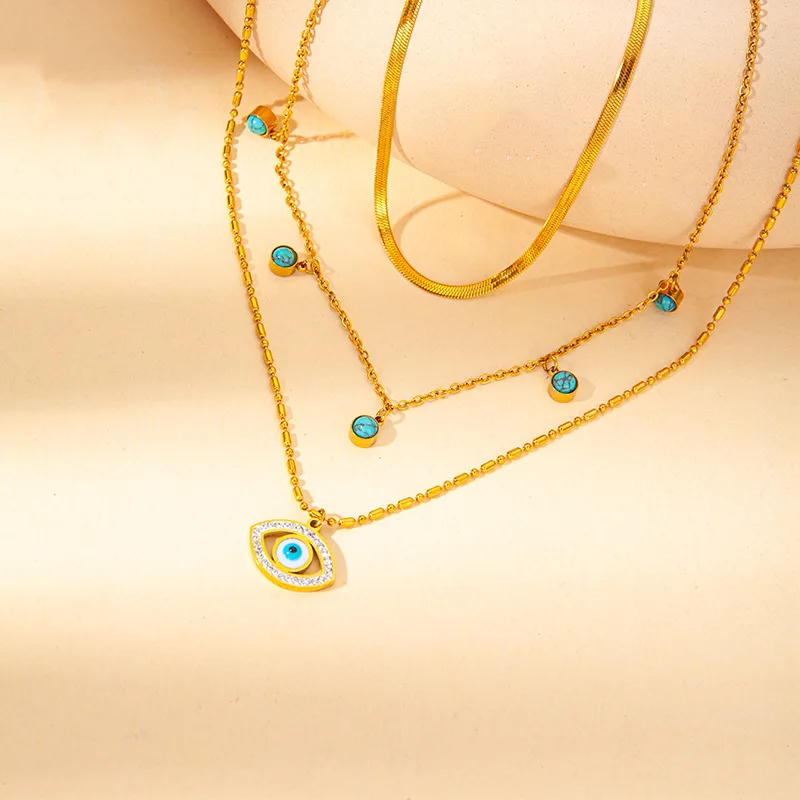 Multi-layer Chain Turquoise Turkish Evil Eye Stainless Steel Statement Collar Necklace Fashion Ethnic Style Jewelry for Women 3