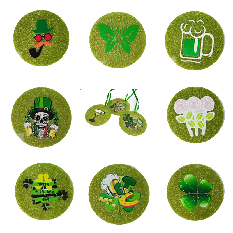 

New 2024 St Patrick's Round Green Glitter Ornaments for Lrish Christmas Shamrock Lucky Leaf Word Pendant