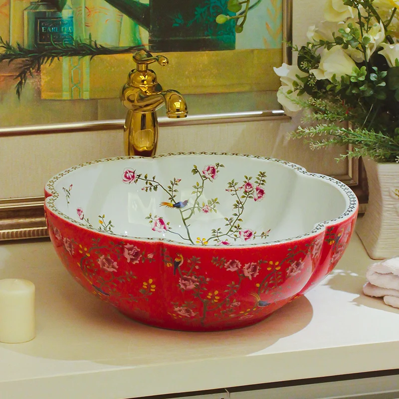 

Pajaro y Flor de arte en porcelana fregadero, lavamanos de encimera hecha a mano de ceramica de bano buque vanidades en forma