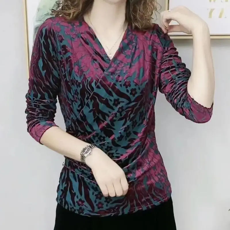 

Spring Autumn Elegant V-Neck Asymmetrical Spliced T-shirt Stylish Jacquard Weave Pullovers Casual Long Sleeve Female Folds