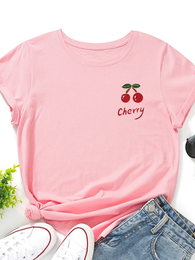 가슴에 레드 체리 프린트 여성 T 셔츠 반팔 O 넥 느슨한 여성 Tshirt Ladies Tee Shirt Tops Camisetas Mujer