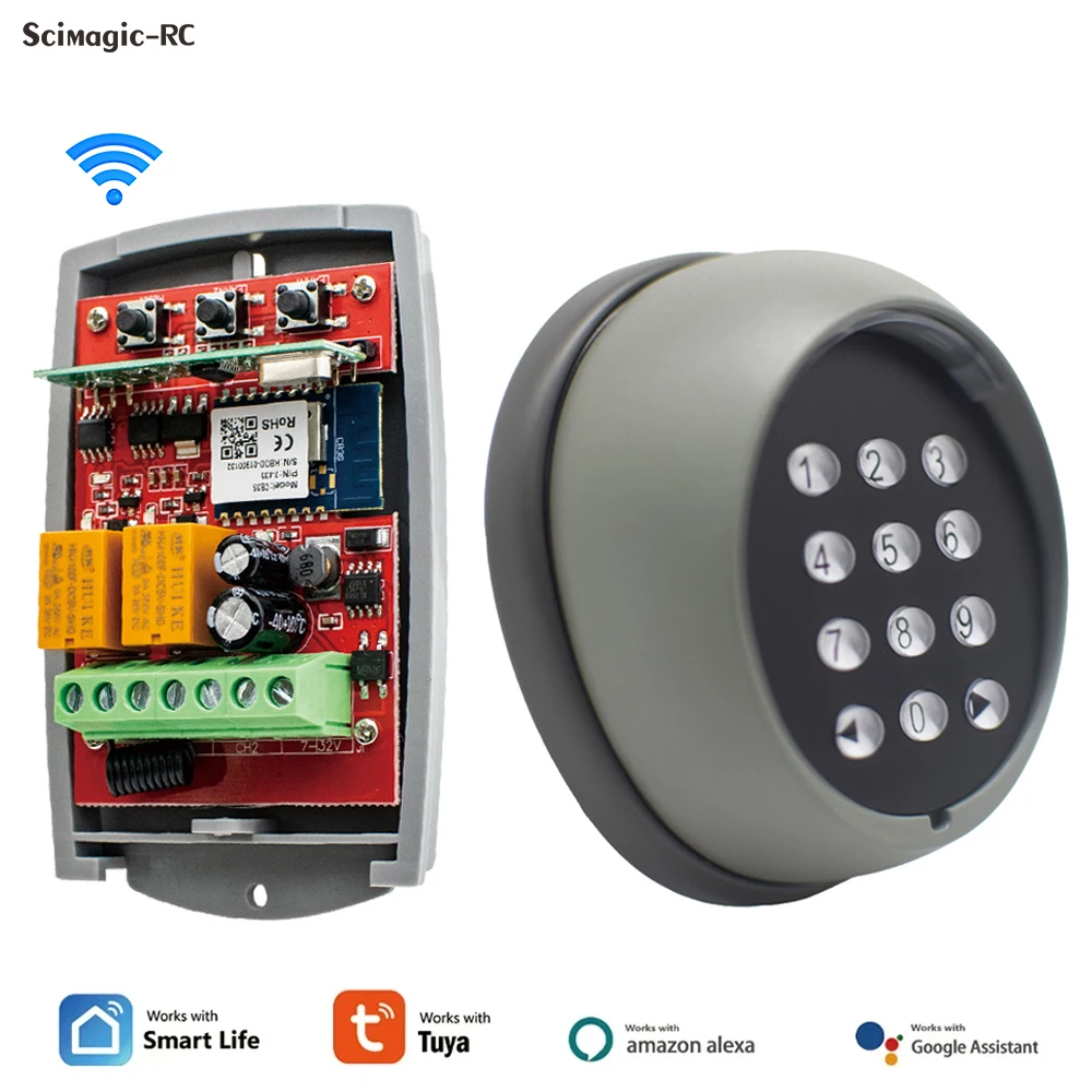 Tuya WIFI Wireless Keypad Gate Opener Rolling Code Garage Receiver 2CH Switch Module AC DC 7-32V 85-250V With 433MHz Transmitter
