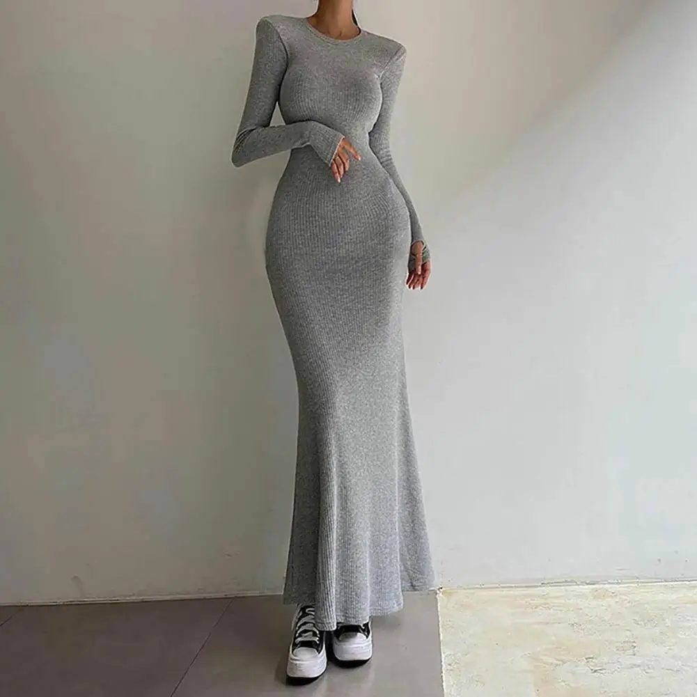 

O-Neck Long Sleeves Hip Wrap Fishtail Hem Knitting Dress Fall Winter Women Elegant Solid Bodycon Maxi Dress Ladies Clothes Robe