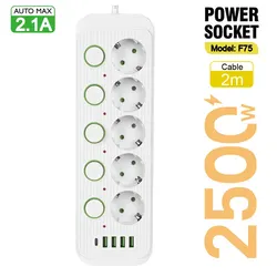 EU Plug Power Strip with USB Ports, Surge Protector & Individual Switches - EU Plug (F75 White 2m)
