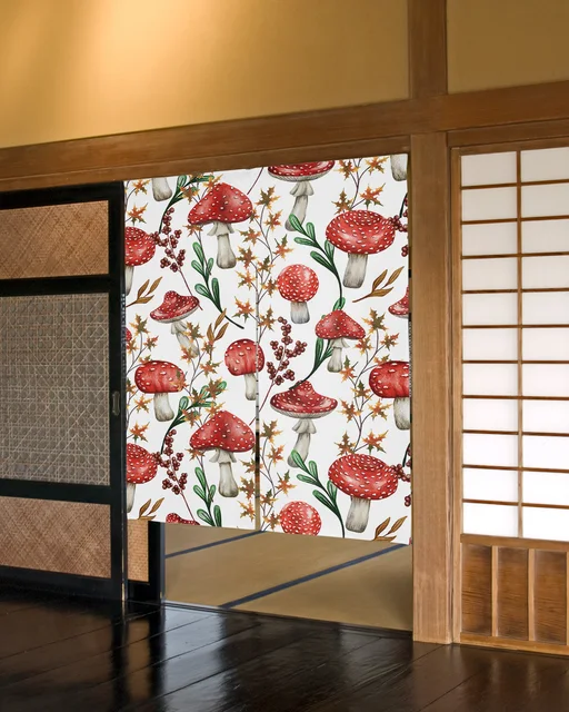 버섯 베리 잎 일본식 문 커튼으로 집에 우아함과 일본 미학을 더하세요.