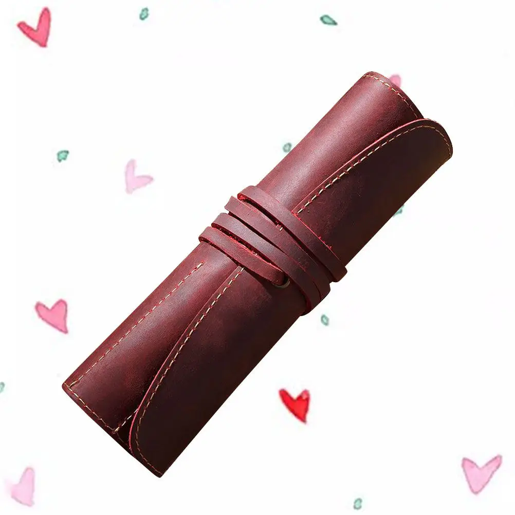 수제 빈티지 짙은 빨간색 펜 파우치 롤 펜 케이스 연필 가방 홀더 (만년필, 볼펜용)