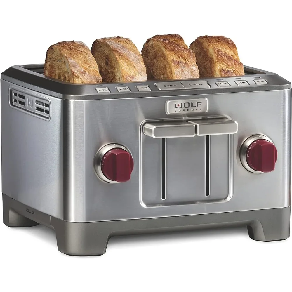 Wolf Gourmet 4-Slice Extra-Wide Slot Toaster with Shade Selector, Bagel and Defrost Settings, Red Knob, Stainless Stee