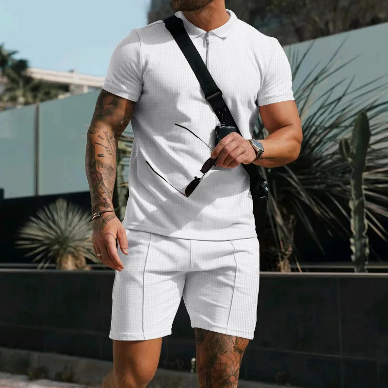 Cross border summer men's polo shirt set solid color waffle short sleeve slim lapel t-shirt casual men's set