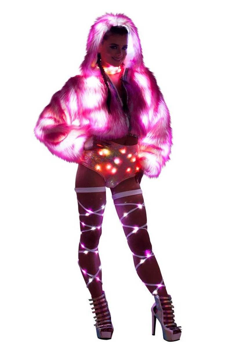 LED Tron Dance Costume Woman Dancer Light Up Clothing Faux Fur Coat Bar Nightclub Christmas Party Rave Outfit Glow Jacket Wear