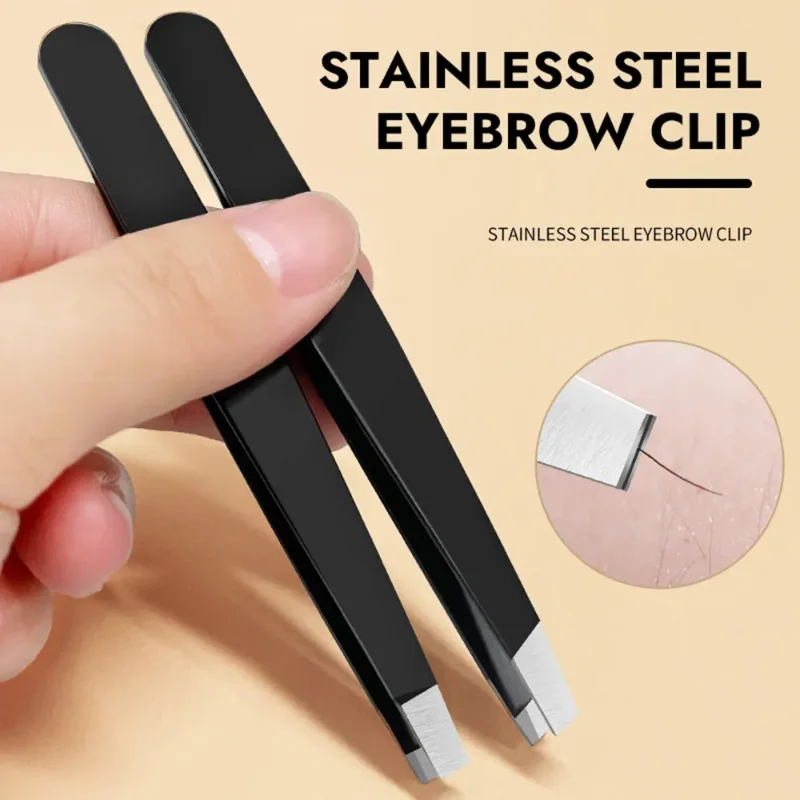 Premium Stainless Steel Black Tweezers with Slant and Flat Tips for Eyebrow Shaping & Ingrown Hair Removal