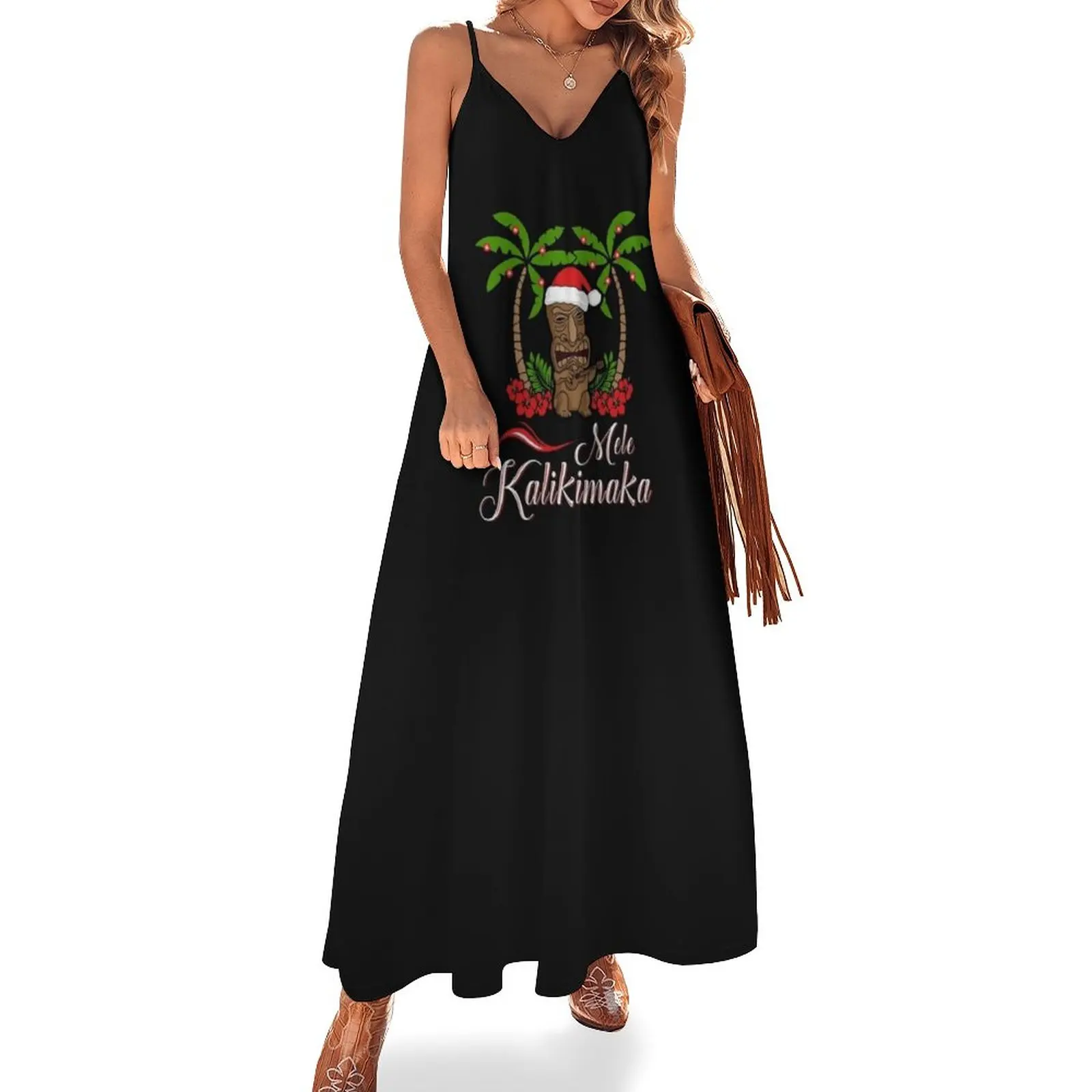 

Mele Kalikimaka Tiki Santa Merry Christmas Sleeveless Dress women evening dress
