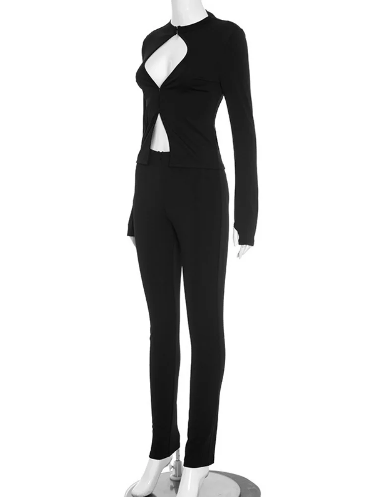 Wmstar Two Piece Sets Wholesale Sexy Tight Pants Sets with Hollowed Out Hook Button Top Zipper Pants and Trousers Drop Shopping