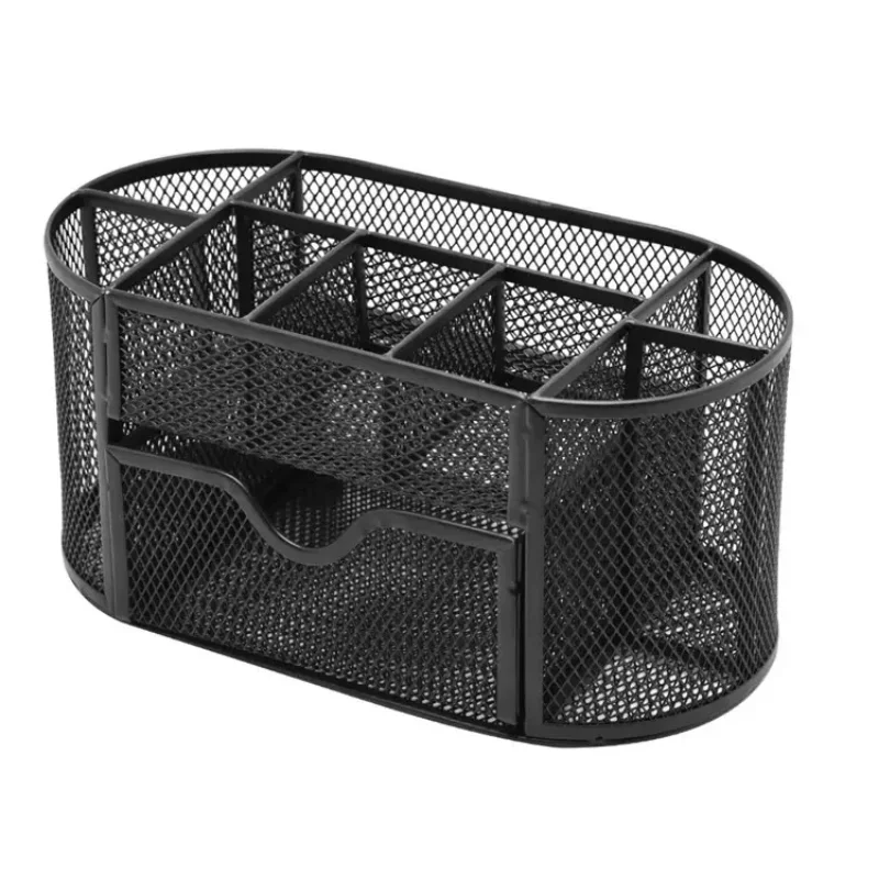 Pencil Holder 9 Compartments Pen Case Desktop Metal Mesh Stationery Storage Box With Drawer Teacher Supplies Organizer, pen holder, stationery storage box
