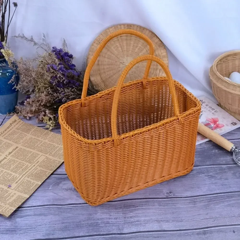 Home Storage Organizer Rattan Woven Basket With Handle Portable Picnic Basket Handwoven Rectangular Flower Basket Fruit 3
