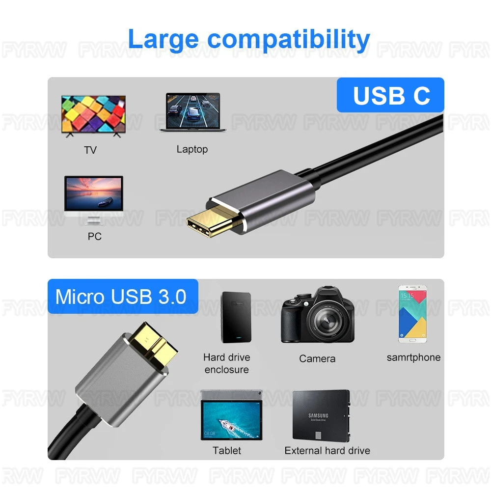 AINOPE External Hard Drive Cord 10Gbps Micro B To USB C External Hard Drive USB C To Micro B Cable Nylon Braided For MacBook Air/Pro, Seagate, WD Toshiba, SSD, IPhone, IPad