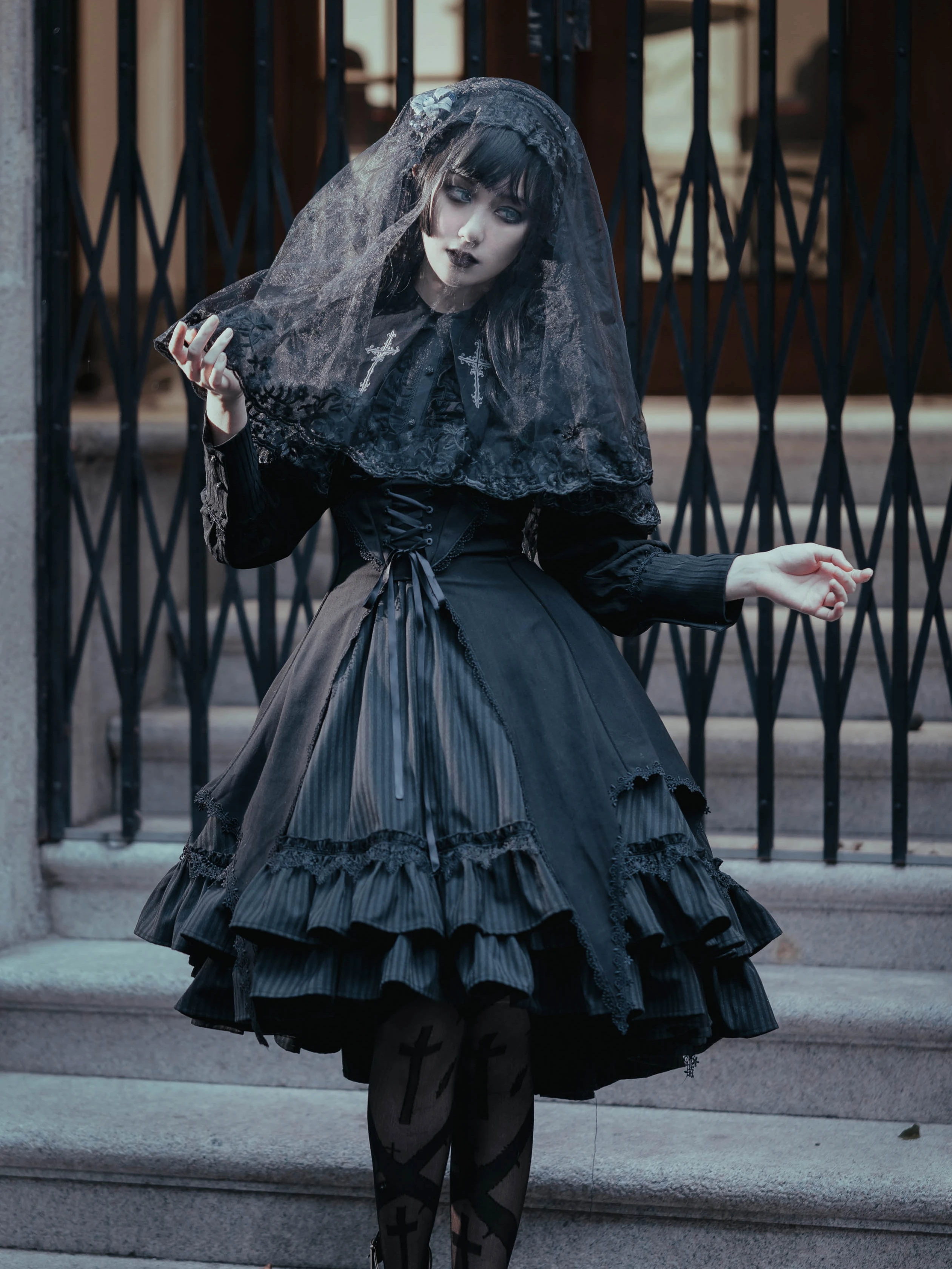 Redemption Song~Gothic Lolita OP Dress Cross Embroidery Tiered Hem