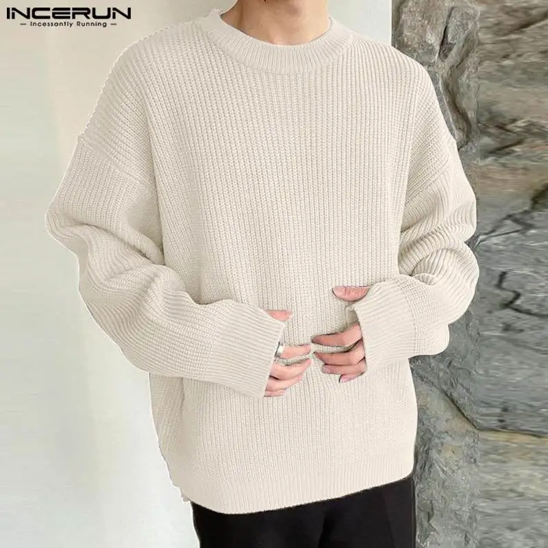 

INCERUN Men Sweaters Solid Color O-neck Long Sleeve Knitted Casual Male Pullovers Streetwear 2023 Korean Men Clothing S-5XL